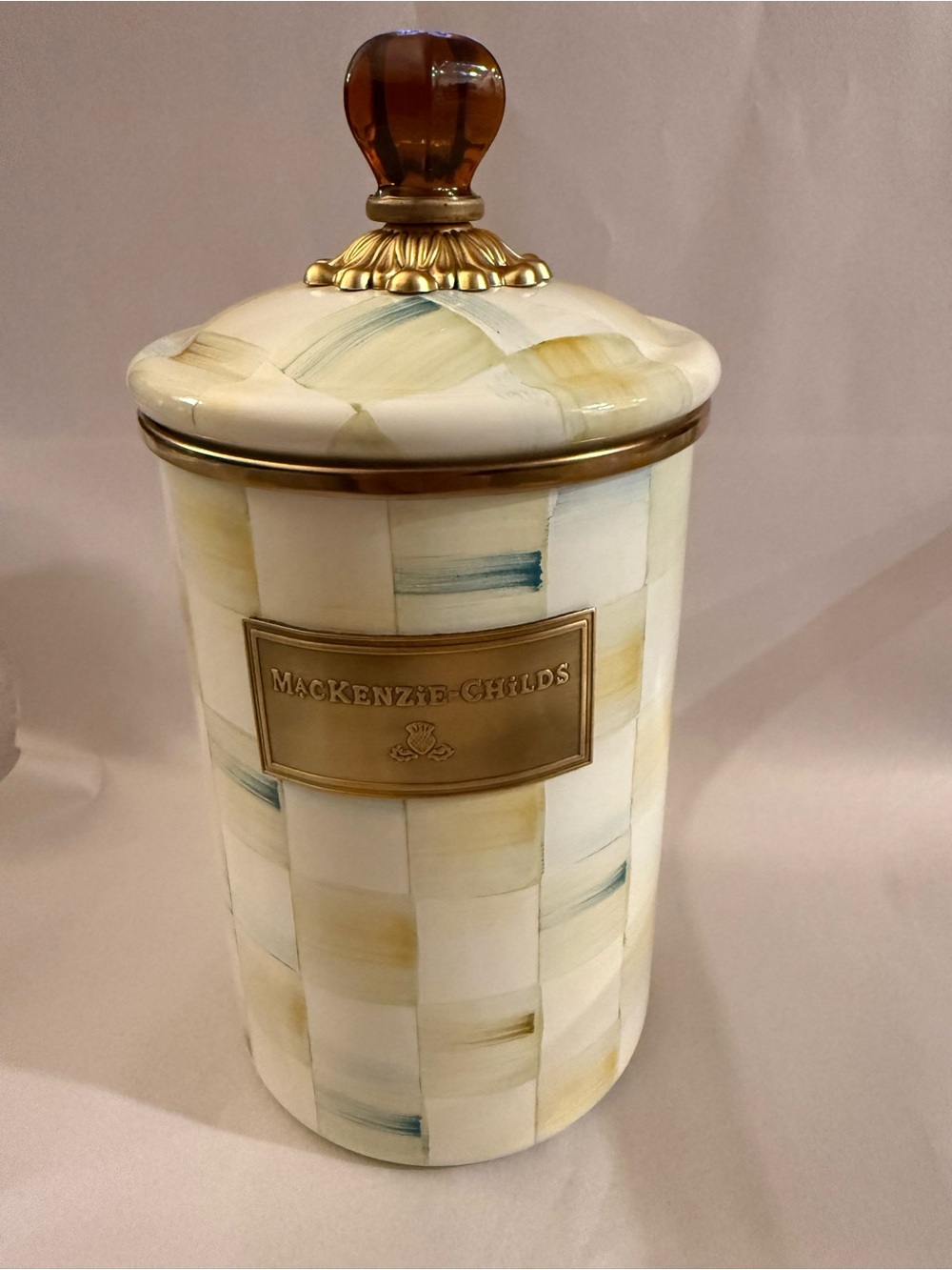 MacKenzie-Childs Parchment Check Large Jar with Amber Knob Lid